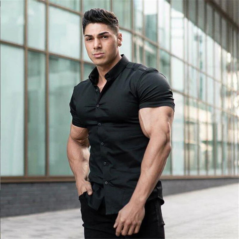 

Casual Short Men Fashion Sleeve Solid Shirt Super Slim Fit Male Social Business Dress Shirt Brand Men Fitness Sports Clothing