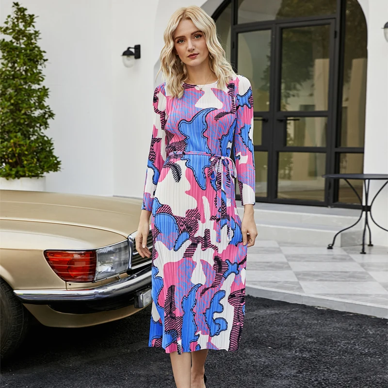 

2020 зимние богемное платье Круглый воротник Длинные рукава Кружева пояса разделение элегантные эстетические одежда miyake плиссированное пла...