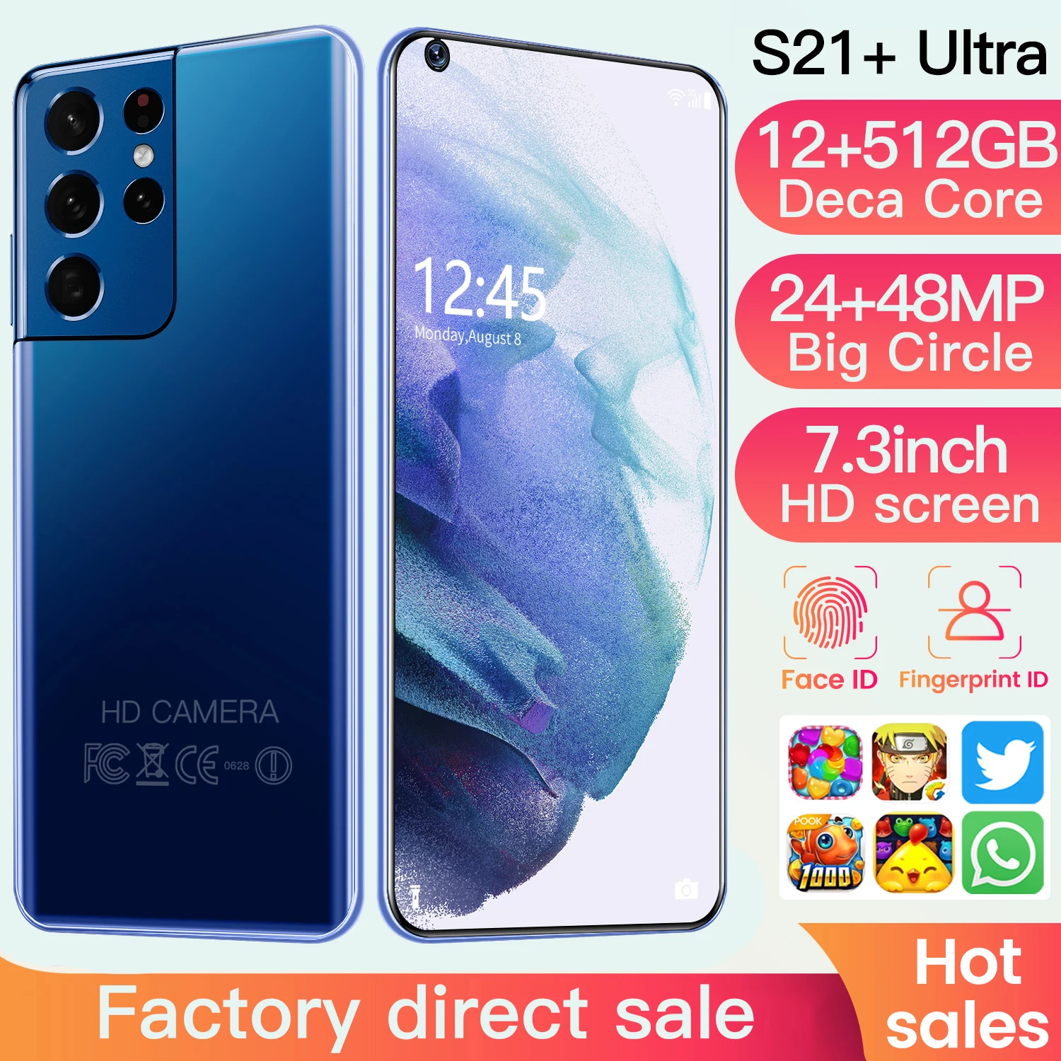 

S21+Ultra 24+48MP HD Camera Smartphones 7.3 HD Inch Full screen 12GB+512GB Mobilephone Original telephone Face Fingerprint ID