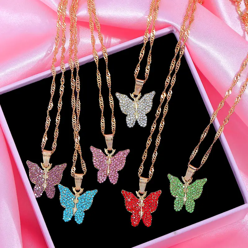 

Flatfoosie Shiny Crystal Butterfly Pendant Necklace For Women Fashion Gold Color Twisted Chain Necklace Wedding Jewelry Gift