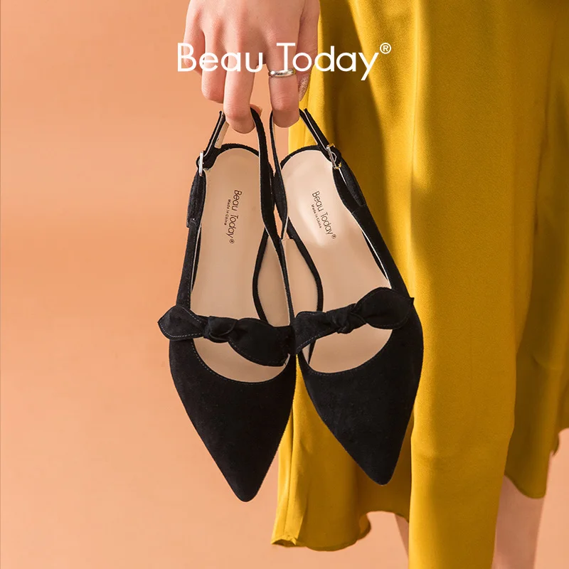 Женские замшевые босоножки BeauToday черные из натуральной кожи с острым носком и