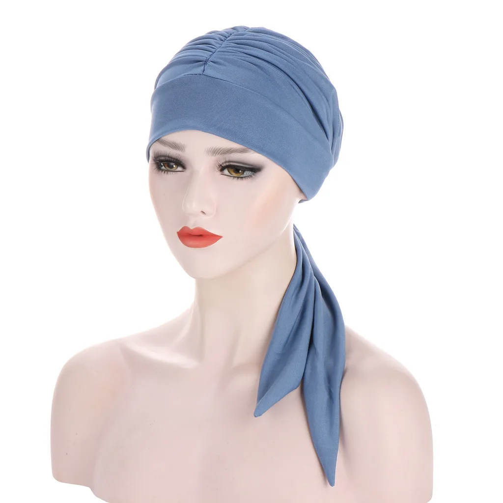 

Muslim Women Inner Hijabs Solid Long Tail Bow Head Scarf 7 Colors Chemo Cancer Turban Mujer Ready To Wear Turbante