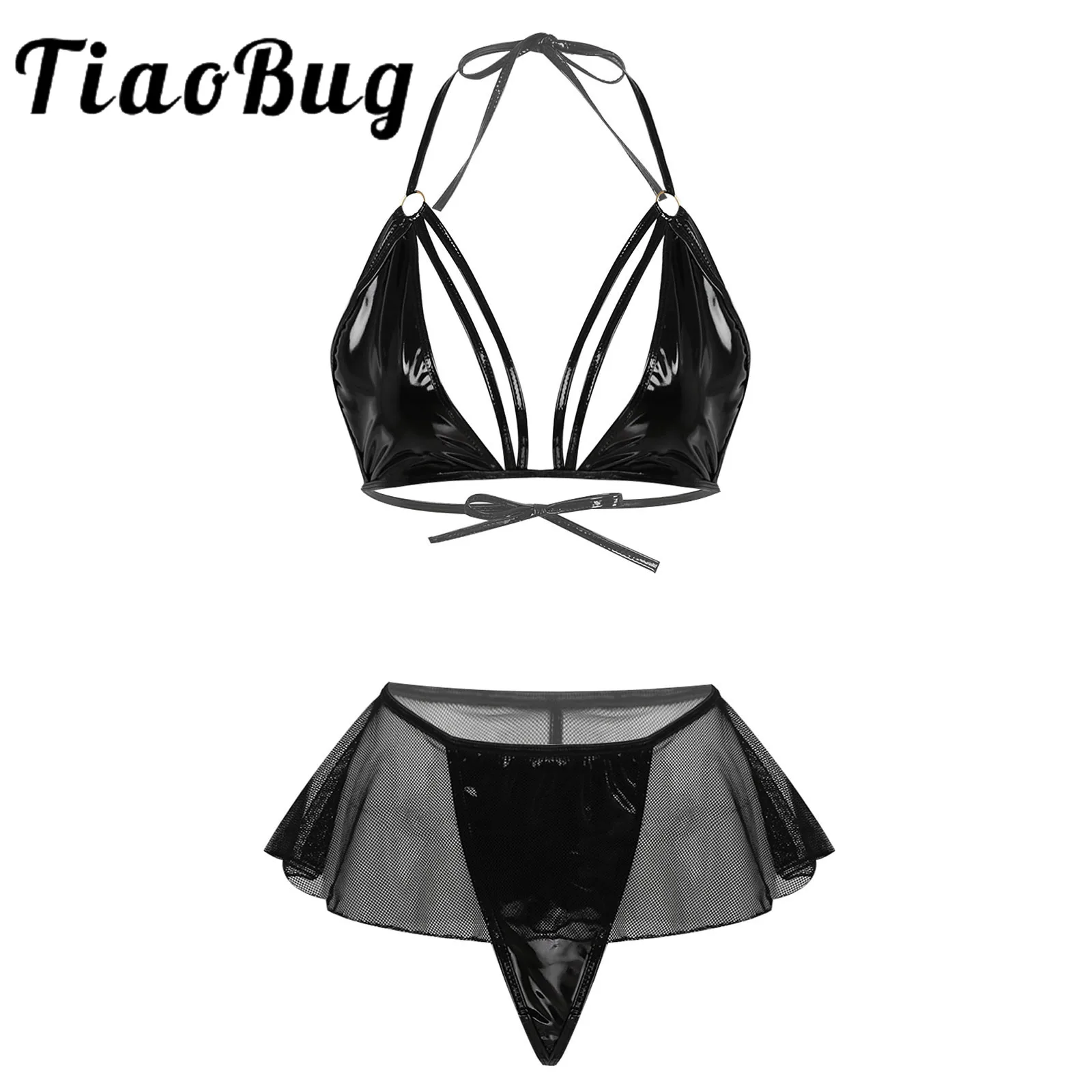 

Womens Hot Sexy Lingerie Suit Two-piece Patent Leather Nightwear Lace-up Unlined Hot Bra with Mesh Skirted G-string Thong Briefs