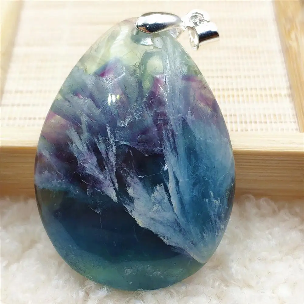 

Natural Blue Feather Fluorite Quartz Colorful Pendant 41x30x9mm Women Men Water Drop Fluorite Necklace Jewelry AAAAA