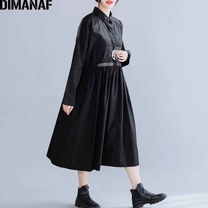 DIMANAF плюс размер зимнее винтажное женское платье свободное Плиссированное