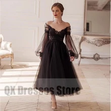 Simples applique fora do ombro vestido de baile chá comprimento tule ilusão manga vestido de festa com completa feminina a linha vestido preto (4)