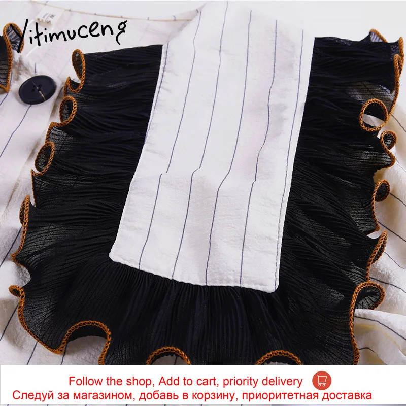 

Yitimuceng Striped Dresses Women Pencil New Spring 2021 Fashion Korean Sailor Collar Petal Sleeve Loose Waist Edible Tree Fungus