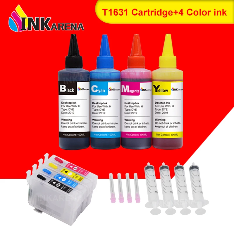 

INKARENA 4 Bottle Ink + T1631 T1621 T16 XL Printer Ink Cartridge Compatible For Epson 16XL 16 WorkForce 2630WF 2750DWF 2760DWF