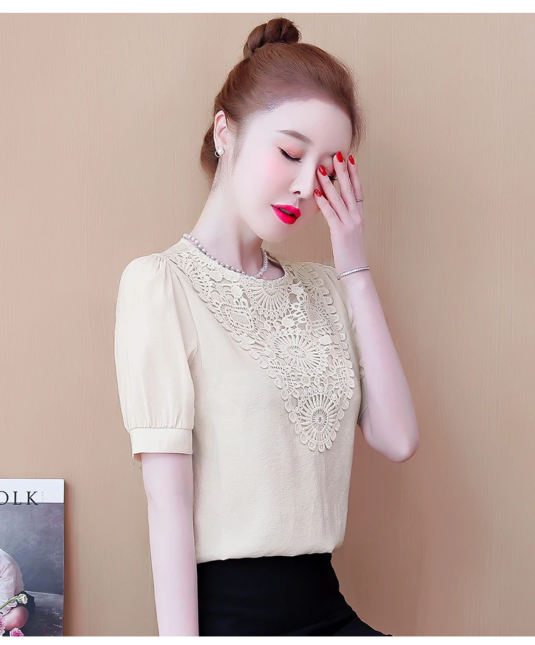 

Houthion Chiffon Slim Women's Blouses Fashion Short Sleeve Top Lace Solid Color Shirt Summer New Casual Blouse