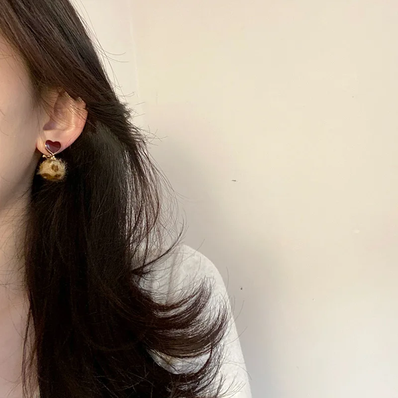 

Leopard Print Heart-shaped Stud Earrings Korean Style Hairy Cute Ball Ear Studs Wholesale Winter Ear Jewelry for Women Ornament
