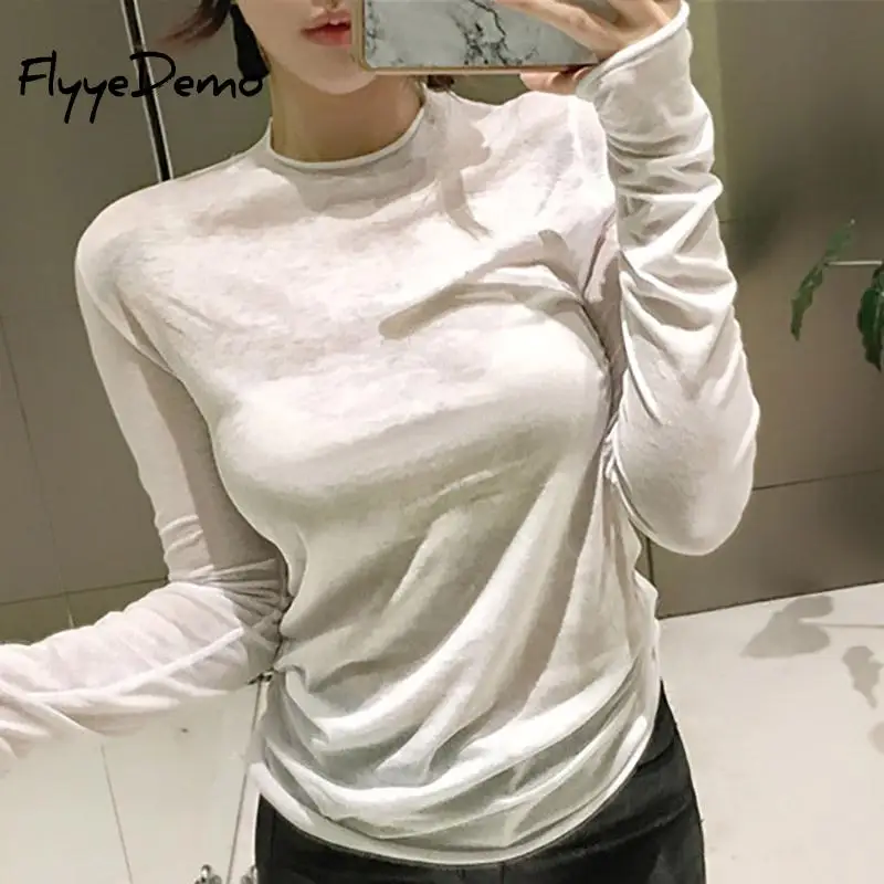 

Облегающая женская футболка, хлопковая футболка, женские футболки 2021, тонкая футболка, топы с длинным рукавом, белая женская одежда в Корейс...