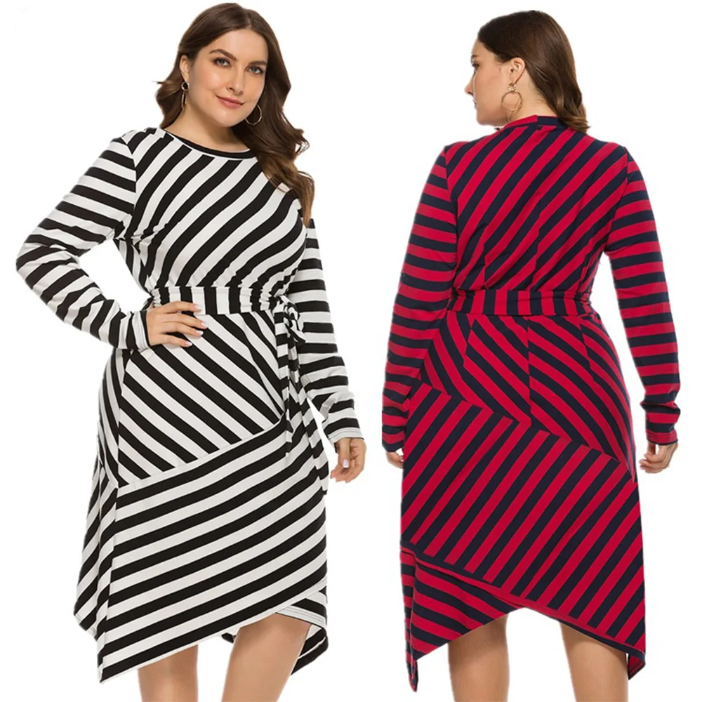 Fall 2021 Women's Dresses Large Size Women's Black and White Striped Long Sleeve Hedging Elegant Casual Mid-length Dress