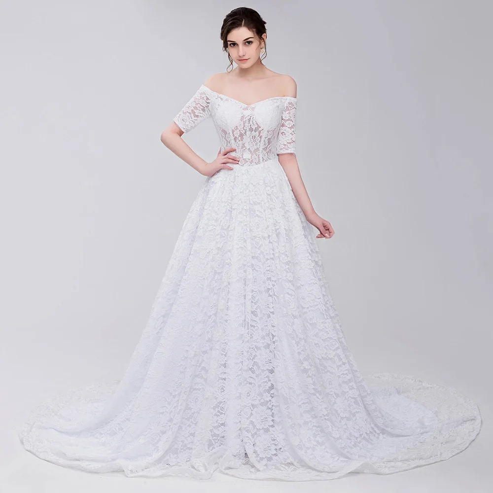 

New Coming Boho Lace Corset Wedding 2019 Cheap Abiti Da Sposa Sexy Illusion Bodice Off Shoulder Bridal Gowns