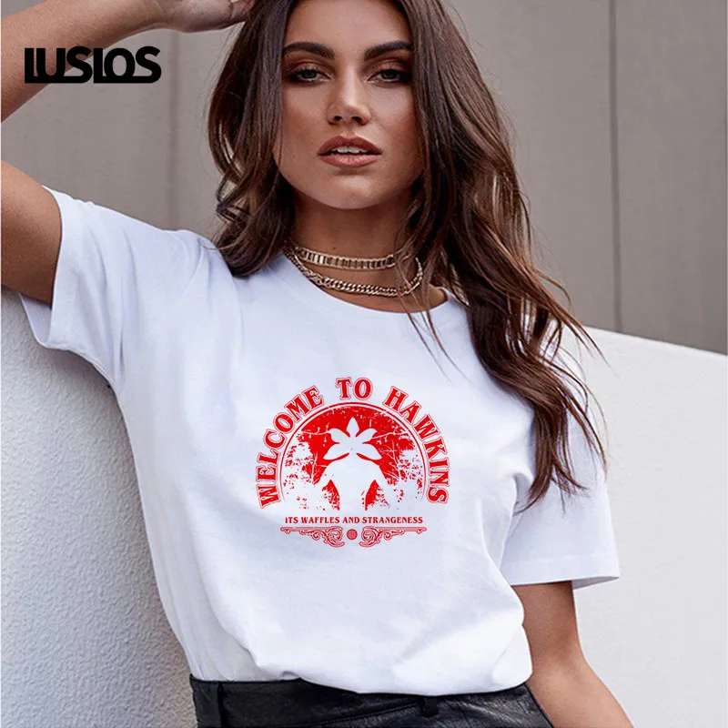 LUSLOS смешной фильм футболка Stanger вещи принт Для женщин летние шорты рукав Повседневное белая футболка с круглым вырезом топы для женщин Harajuku футболки для девочек