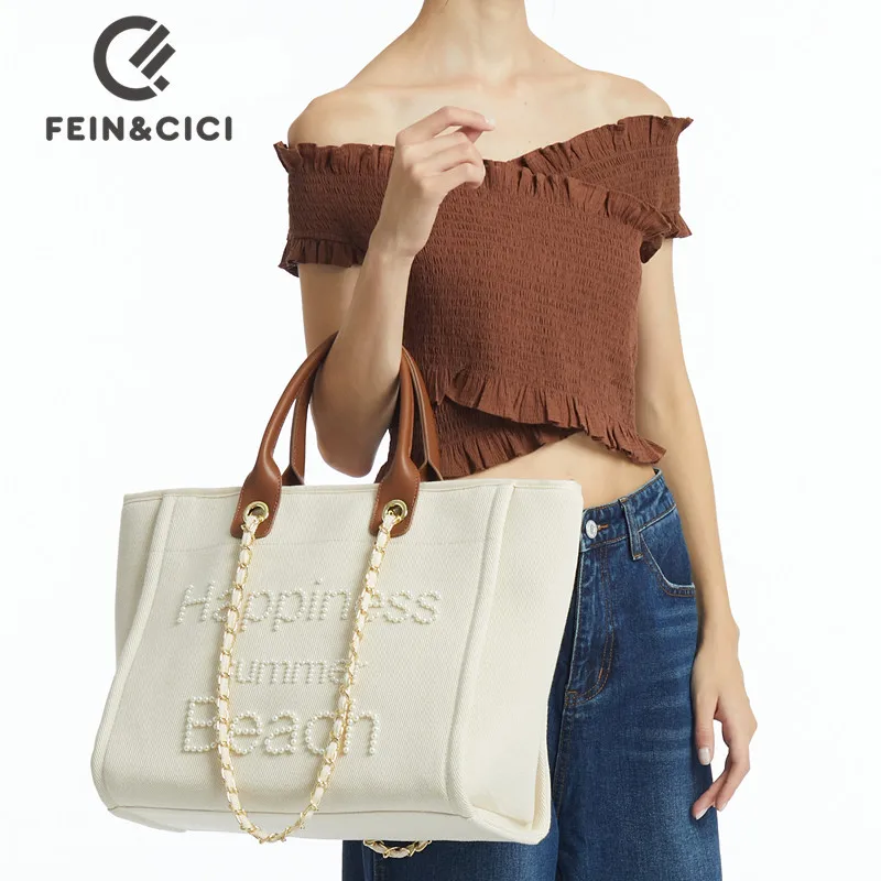 

Дизайнерская Брендовая женская сумочка с жемчугом и бусинами, вместительные сумки на плечо с цепочкой, дизайнерские тканевые тоуты с кожан...