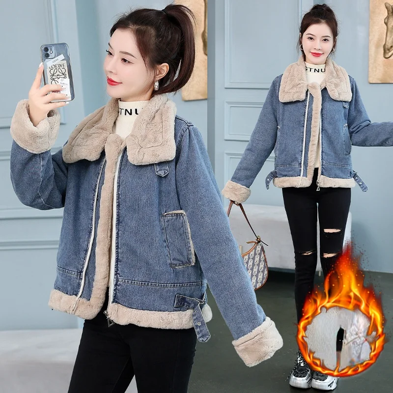 

Женское джинсовое пальто, сезон осень-зима 2022, повседневные свободные утепленные джинсовые куртки, теплые короткие парки с подкладкой, Женс...