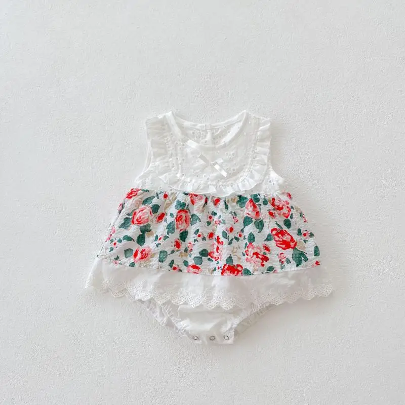 

Toddler Kids Baby Girl Clothes Casual Floral Printed Skirt Bodysuit Summer Sleeveless Embroidered Lace Collar Sunsuit Outfits
