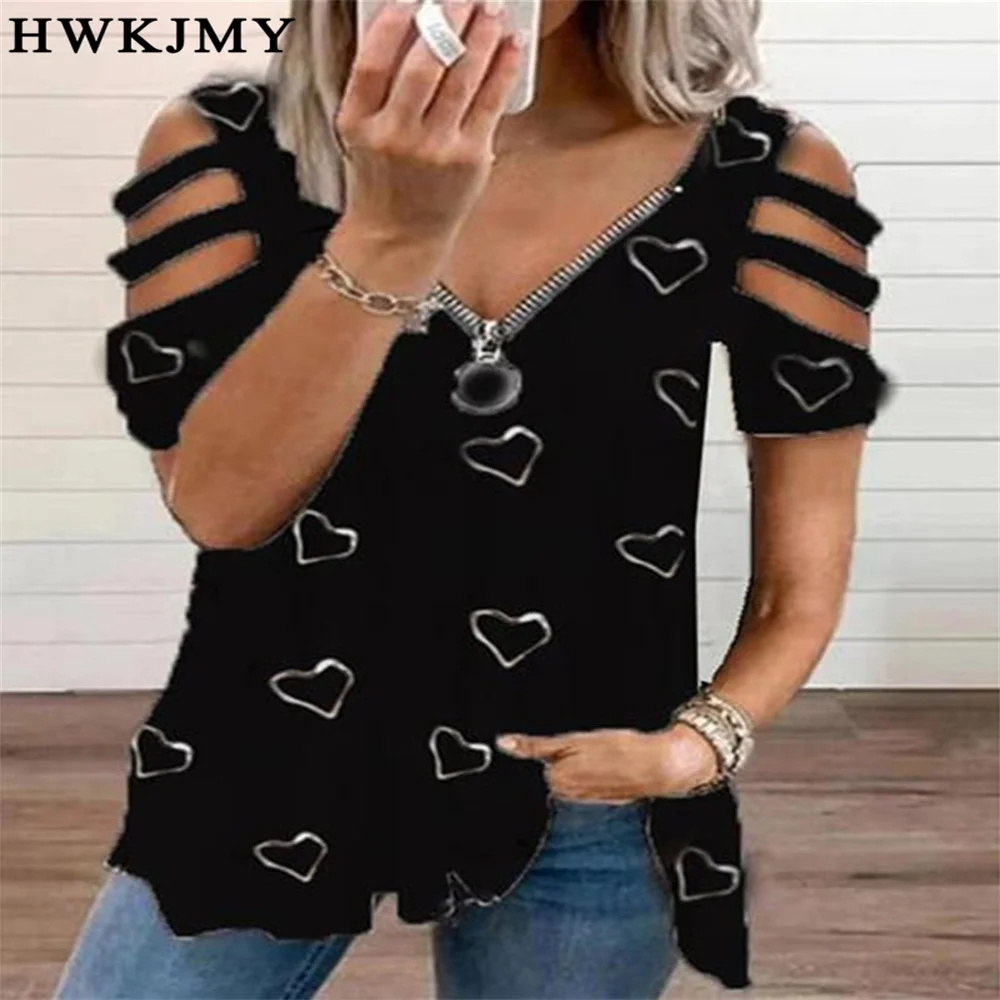 

Summer Women's Clothing Casual Love Printing Off Shoulder Short Sleeved Tops V-neck Zipper Tees Ladies T-shirt 8XL
