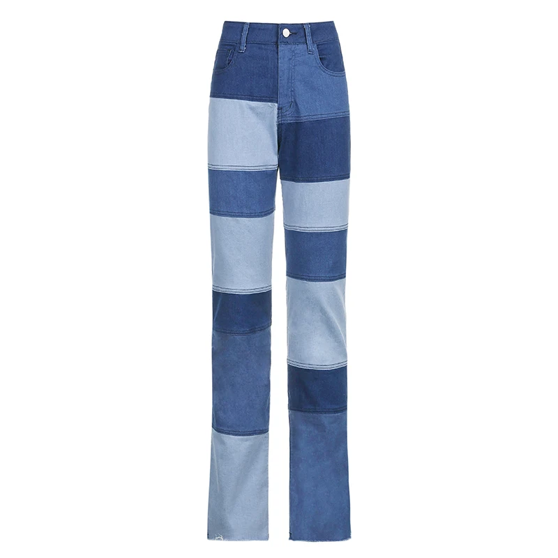

Weekeep Patchwork Streetwear 90s Vintage Straight Jeans Women High Waist Plaid Contrast Korean Denim Pants Fashion Trousers 2020