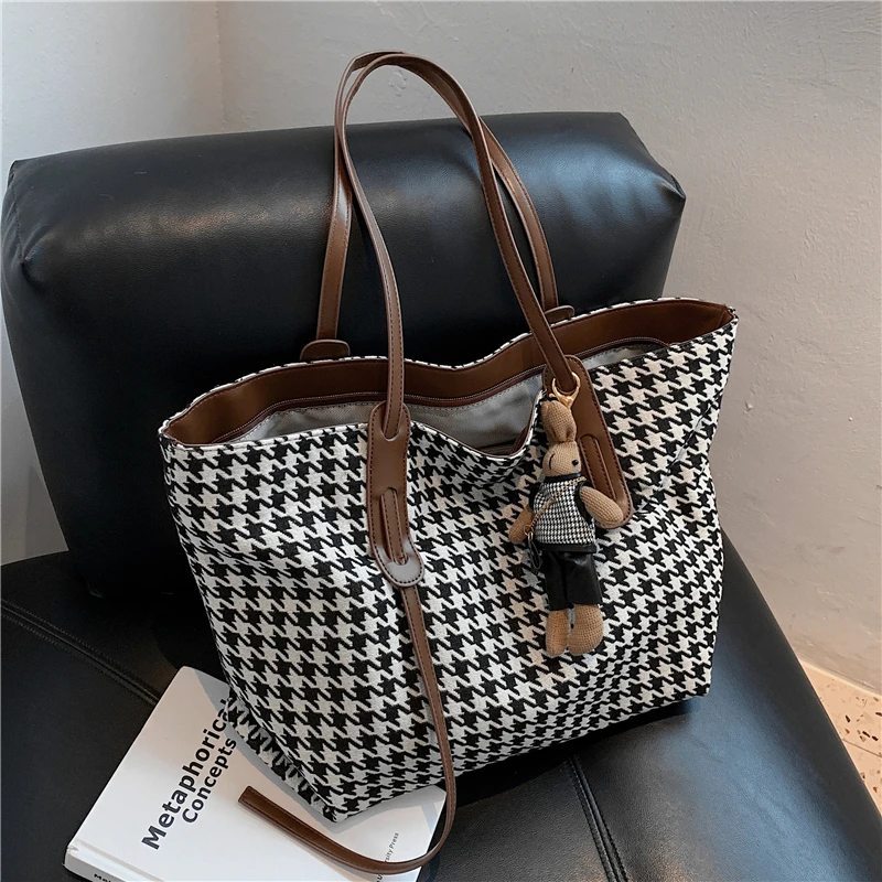 

Роскошные большие клетчатые хозяйственные сумки на плечо для женщин, брендовые дизайнерские дамские сумочки из ткани «гусиные лапки», 2021