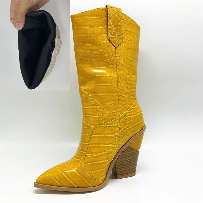 yellow NEMAONE/Прямая поставка; Брендовые женские ботинки; обувь на танкетке с острым носком; сезон осень-зима; короткие женские сапоги до середины икры в западном стиле - Цвет: yellow