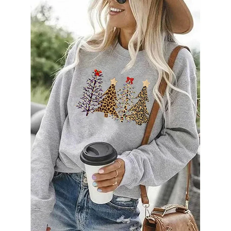 

Women Sweatshirts Christmas Tree Print Autumn Winter Hoodie Women O-Neck Long Sleeve Pullover Retro Elegant Sweatshirts