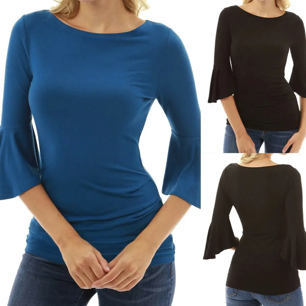 

Womens O-Neck Elbow Bell Sleeve Sweatshirt Pullover Ladies Basic Tops Blouse