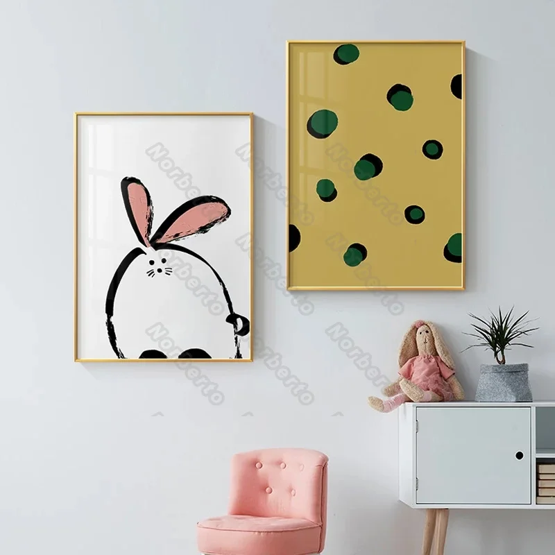 

Cute Cartoon Rabbit and Little Flowers with Yellow Green Colors Modern Style Canvas Painting Poster for Home Rooms Wall Decorat