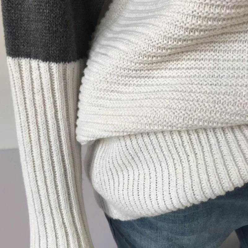 

2021 Spring/Autumn Irregular Sleeves Rolled Half High Neck Contrast Color Pullover Sweater Women's Coat Tops Fashion Clothes