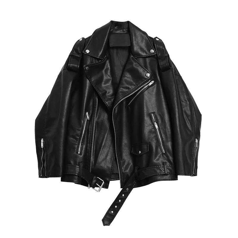 Autumn New Black Leather Women's 2021 loose short motorcycle clothes handsome PU leather jacket enlarge