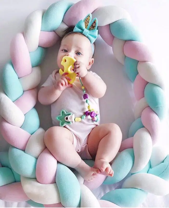 

3M Length newborn baby bed bedroom decor Pure Weaving Plush Knot Braid Newborn Crib Pad Protection children decoration room