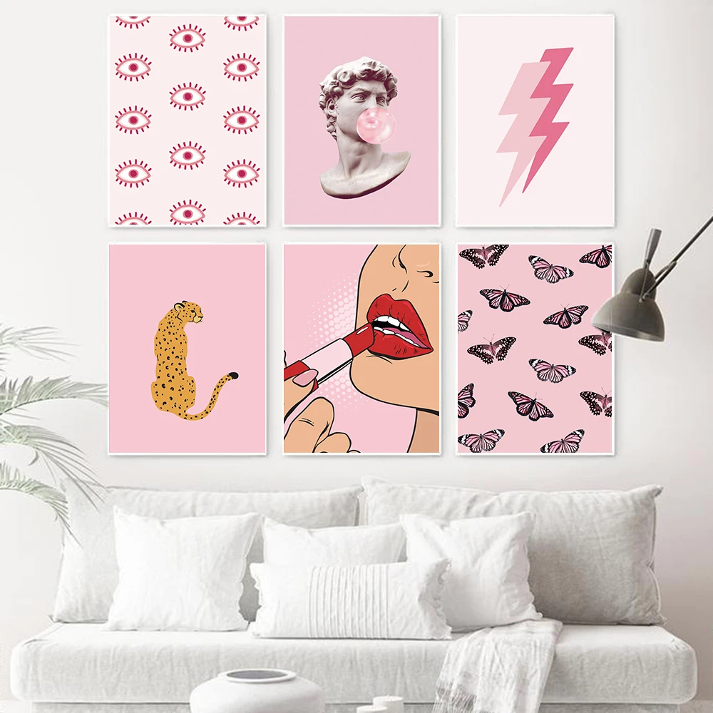 

Pink Cheetah Butterfly Abstract Artwork Canvas Painting Bubble Gum David Statue Prints Pop Art Makeup Wall Picture for Bedroom