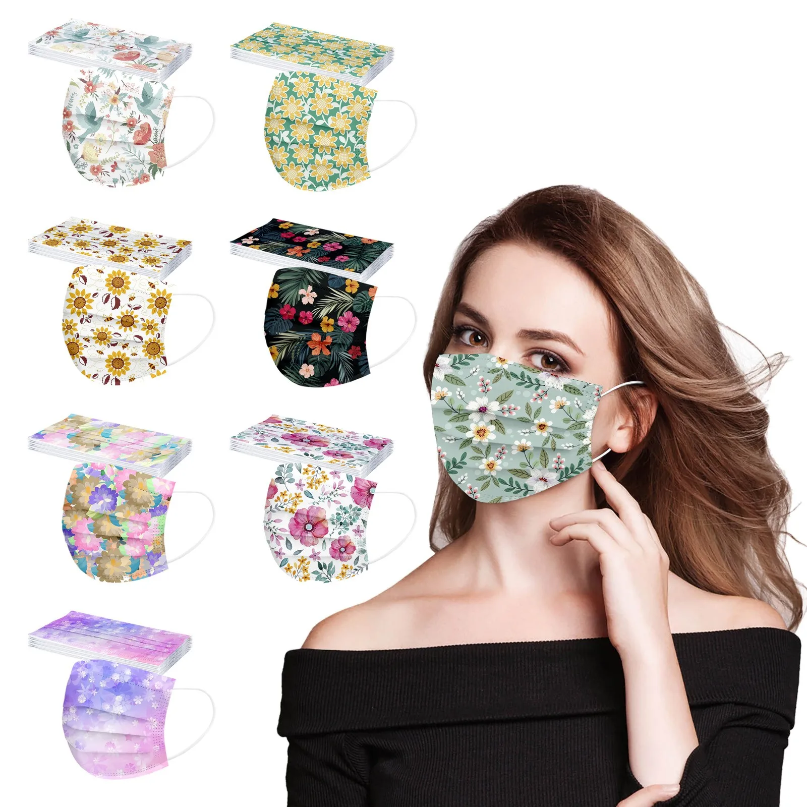 

10PC Flower Colorful Print Mask For Protection Face Mask Disposable Earloop Mask Non-woven Masks Mascarillas Halloween Cosplay
