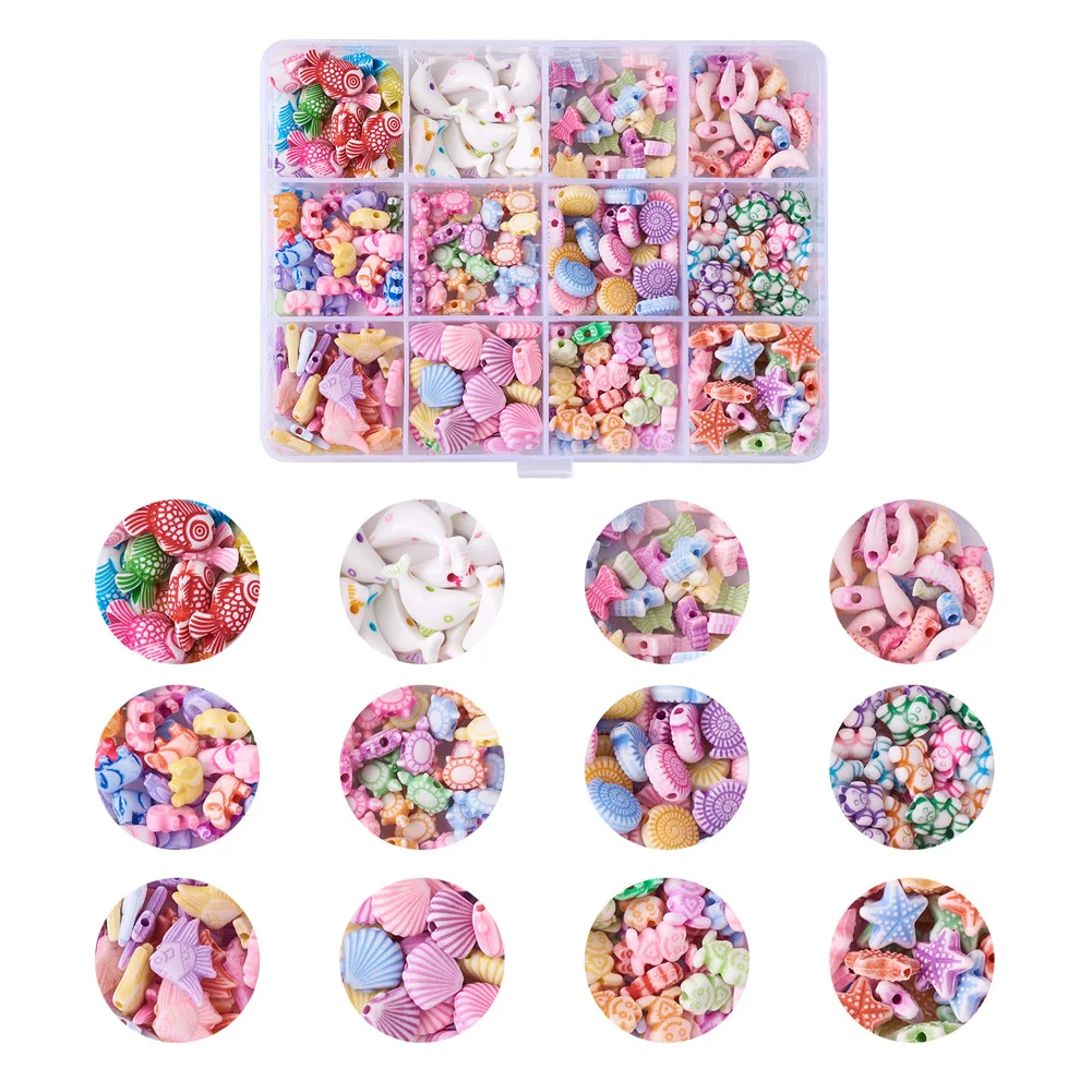 

330Pcs 12 Styles Craft Style Acrylic Beads Fish Starfish Shell Elephant Bear Dolphin Tortoise Frog Scallop