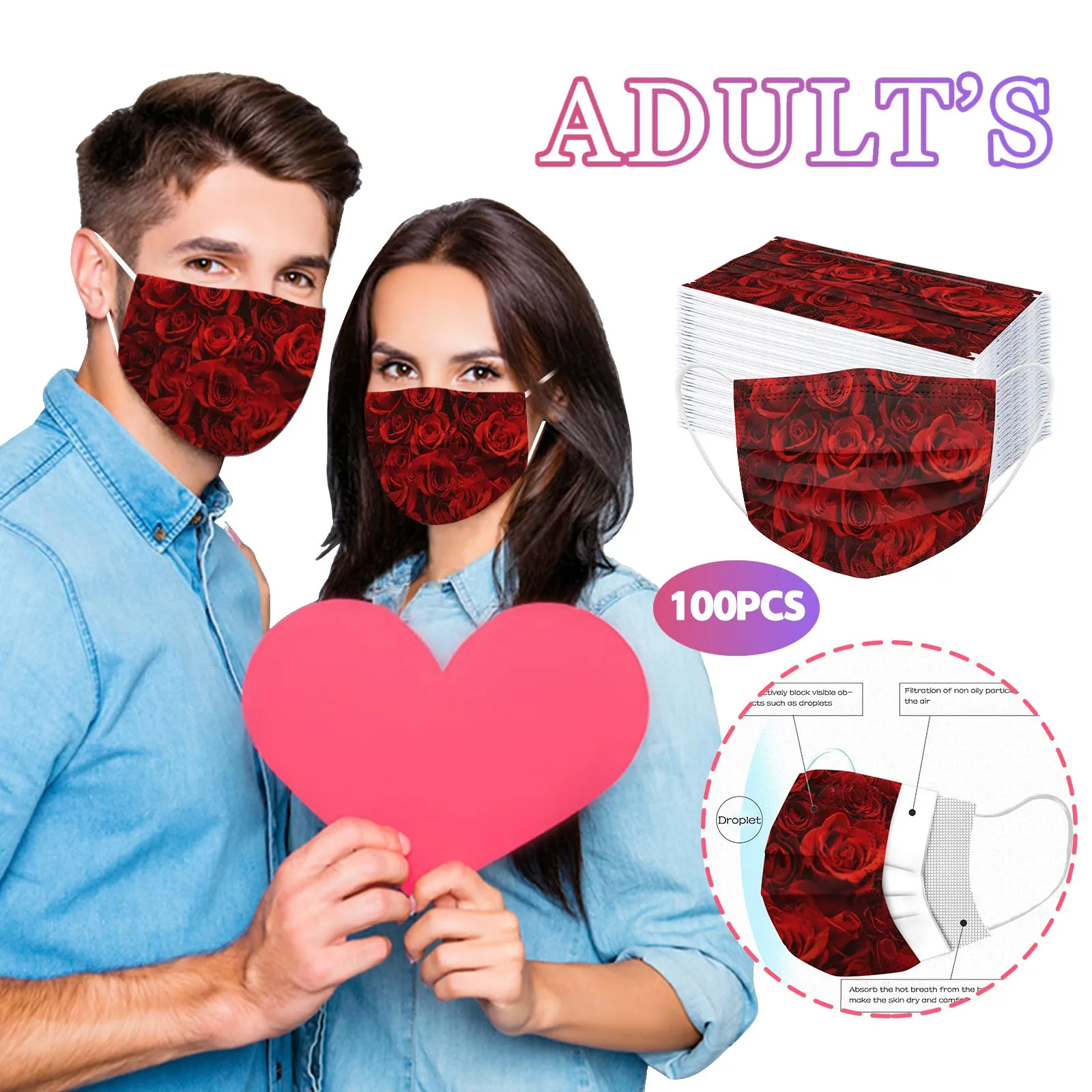 

Love Heart Disposable Black Masks Valentine's Day Face Mask 3ply Facial Mouth Mask Adult Mascarillas Mascara Mouth Cap 100pc