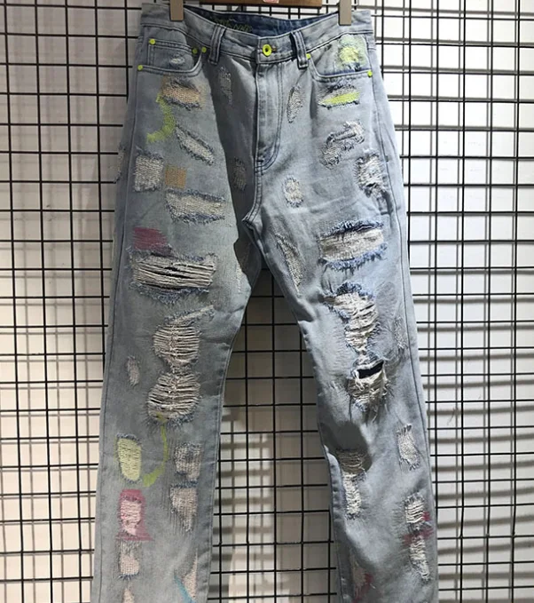 

High Streetwear Endless Damage Hole Jean Men Women High Quality Metal Button Zipper Denim Pants Endless Letter 3D Printing Jean