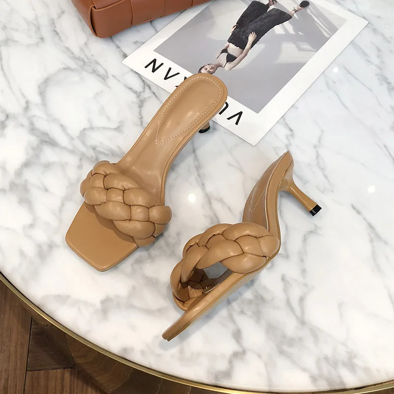 

Size 35-42 New Design Weave Women Slipper Thin High Heel Sandal Open Toe Slip On Summer Outdoor Slides Flip Flop Shoe