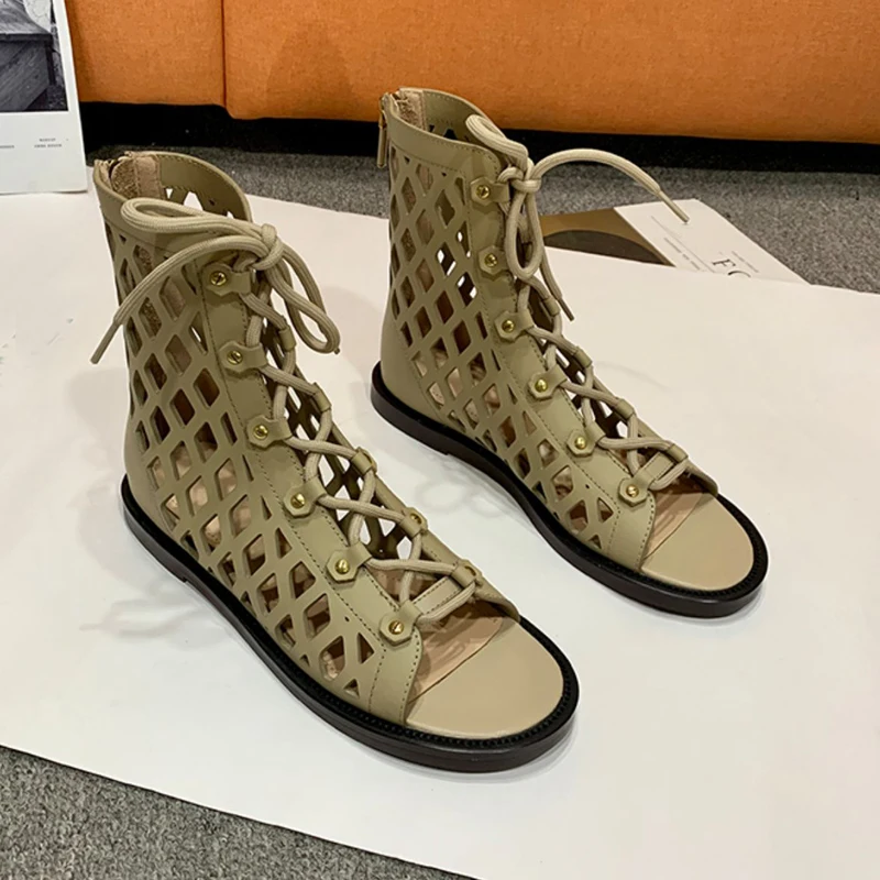 

2021 Summer Ankle Boots Women Open Toe Lace Up Hollow Flat Shoes Woman Soft Real Gladiator Sandals
