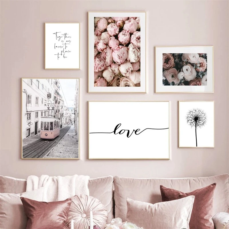 

Sweet Warm Canvas Painting Pink Tram Flower Dandelion Plant Minimalist Letter Pictures for Bedroom Living Room Decoration Poster