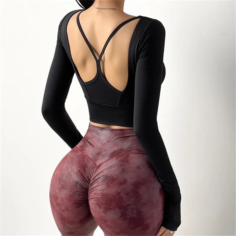 

Yoga Tank Top Sexy Open Cross Back Sport Shirt For Women Gym Long Sleeve Workout Crop Tops Soft T shirt