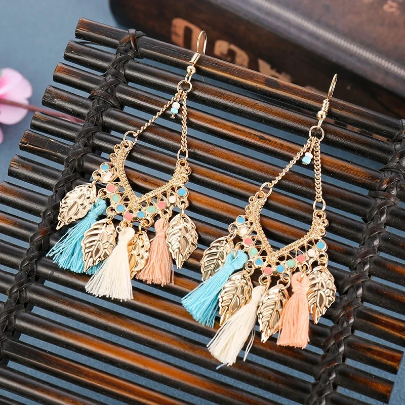 

Fashion Women Colorful Boho Tassel Earrings Tibetan Jewelry Brincos Bijoux Vintage Bohemia Gold Alloy Leaf Tassel Drop Earrings