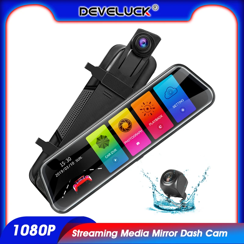 

Develuck 10'' 1080P Streaming Media Mirror Dash Cam Touch Screen Car Dual Lens DVR Night Vision Safe Parking 24 Hours Monitoring