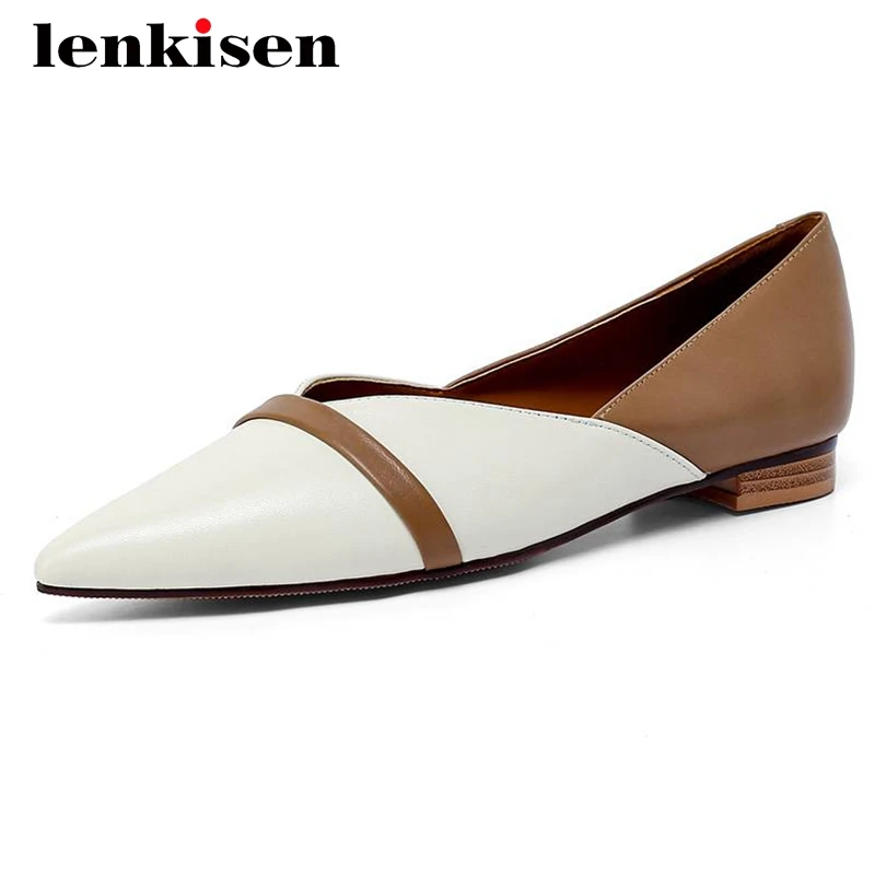 

Lenkisen newest style gladiator genuine leather mixed colors pointed toe low heel slip on korean girls gorgeous women pumps L16