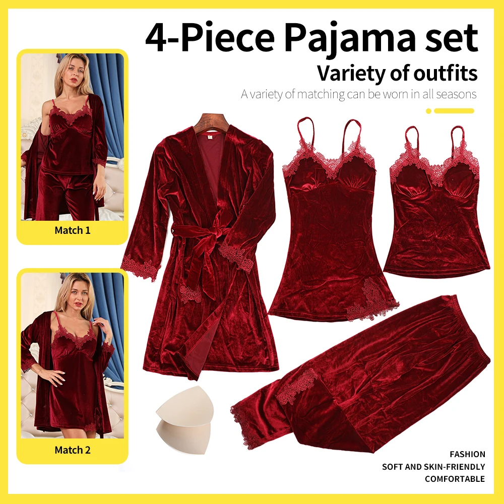 Комплект одежды для сна из 4 предметов женские пижамы топы халат домашняя одежда