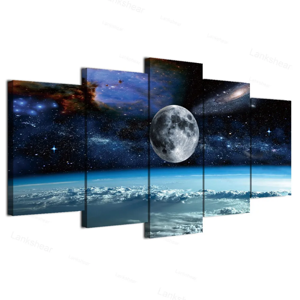 

Hd Print 5 Pieces Canvas Art Space Universe Moon Stars Painting Modular Framed Canvas Home Decor Poster for Living Room