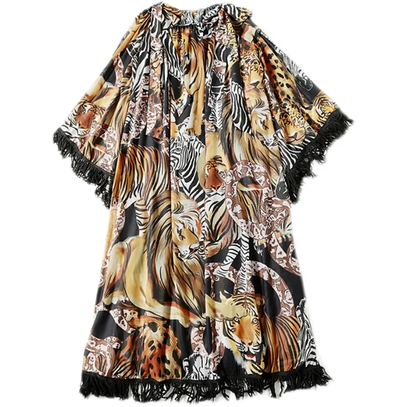 

Banulin 2021 Summer Runway Designer Maxi Dress Women's Big Trumpet Sleeve Vintage Tiger leopard Print Tassel Loose Long Dress