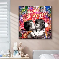 love is all we need canvas painting boy kissing girl graffiti posters and prints wall art picture for living room home decor