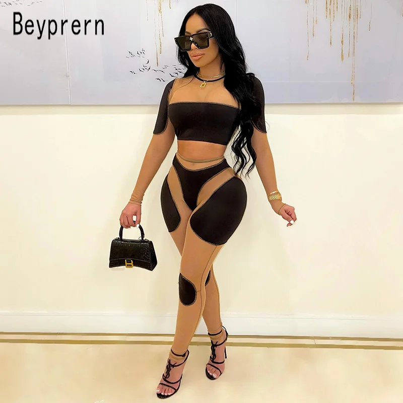 

Beyprern новый стиль телесного цвета, сетчатые контрастные леггинсы, модный лоскутный комплект с длинным рукавом, вечерние Клубные наряды, 2 шт.