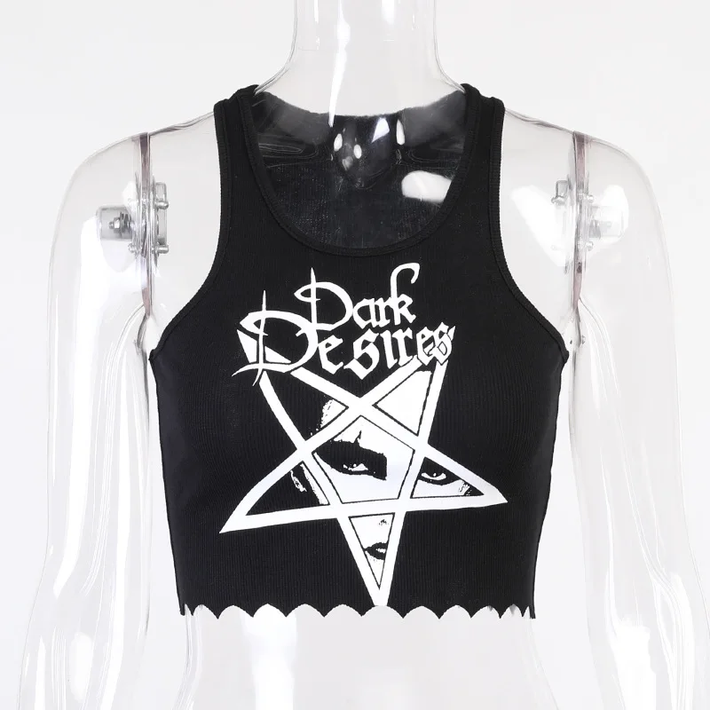 

Gothblack Harajuku Slim Pentagram Printing Tank Tops Summer O Neck Sleeveless Ribbed Knitted Casual Vest Women Chic Street Tops
