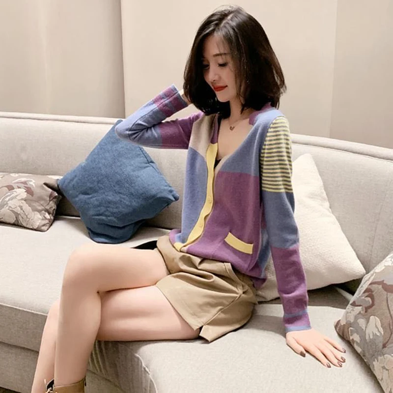 Женский свитер с V-образным вырезом модный Свободный Повседневный вязаный